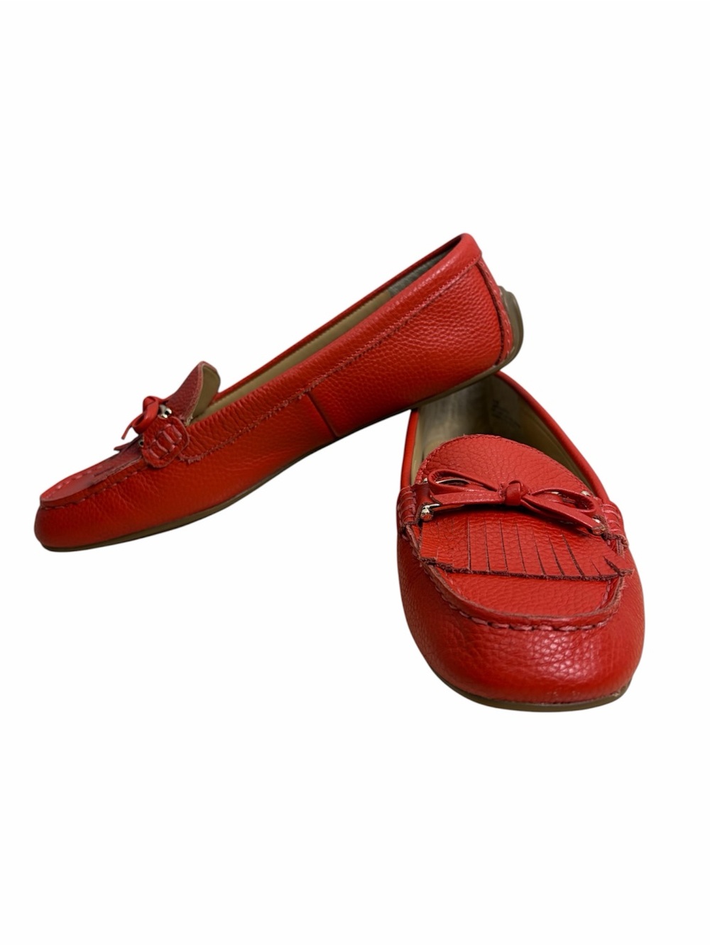 Talbots Red Pebbled Leather Kiltie Fringe Bow Driving Loafers Size 8.5 M